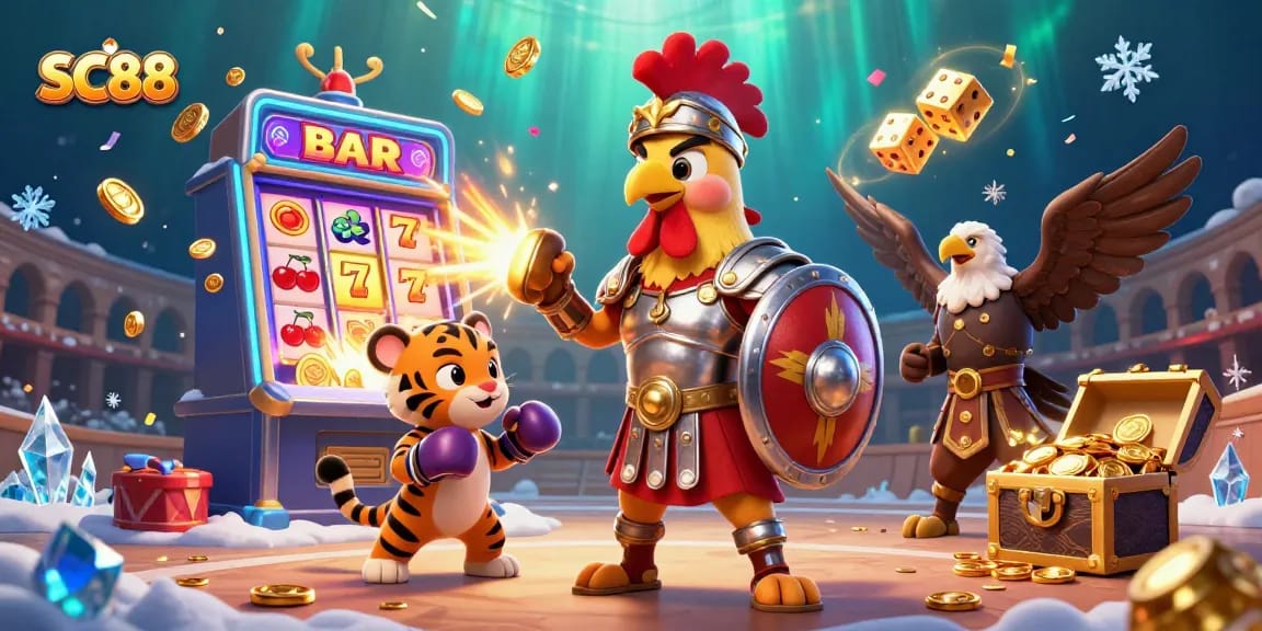 Experience the action at SC88 with a vibrant casino scene featuring a gladiator rooster and dynamic slot elements.