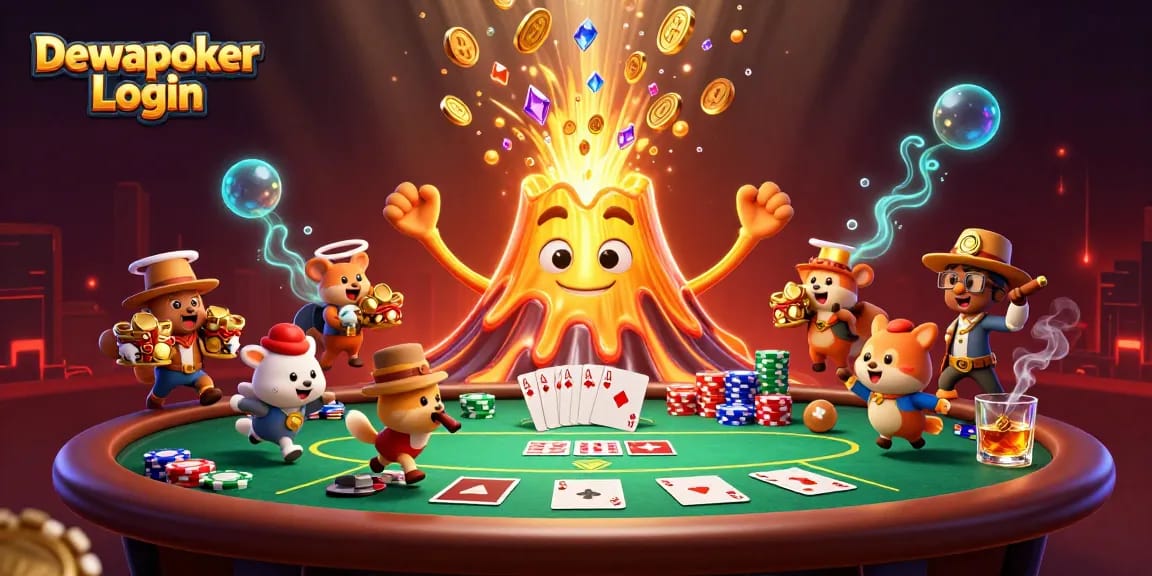 Experience thrilling gameplay with Dewapoker Login as golden volcano erupts, surrounded by poker elements