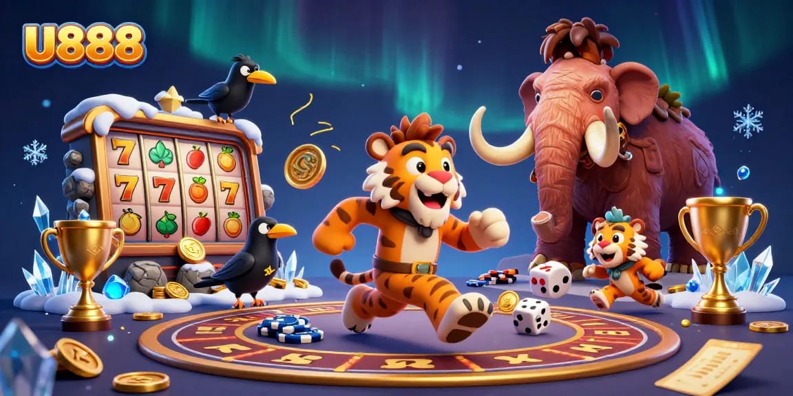 U888 provides thrilling slot gaming experiences with a vibrant cartoon scene of cavemen in a prehistoric casino.