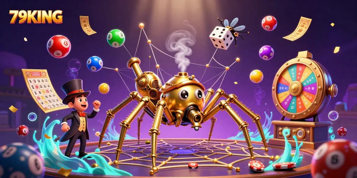 Experience thrilling wins with 79KING as the steampunk spider weaves winning opportunities in a vibrant casino world.