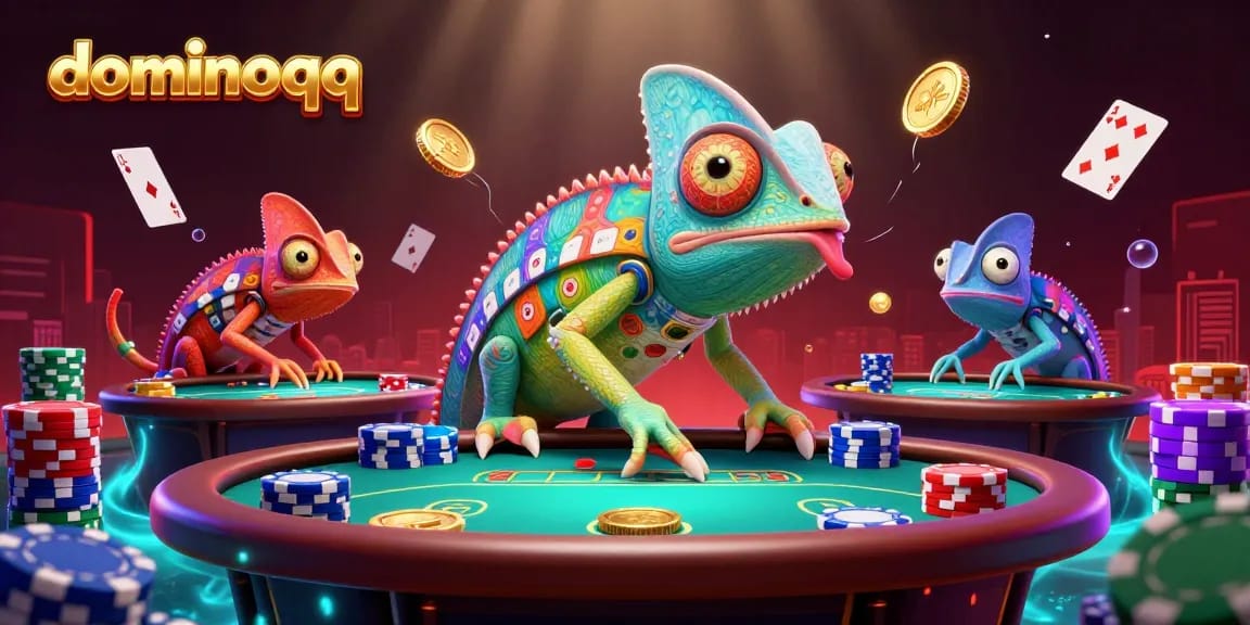Engage in thrilling dominoqq action with an enchanting chameleon casino character amidst vibrant poker scenes.