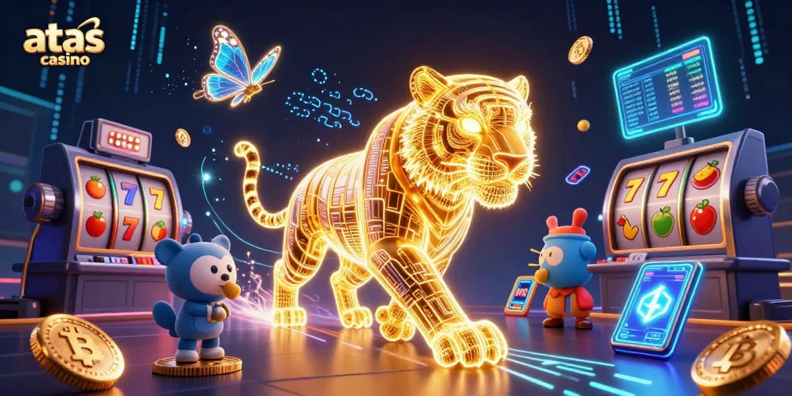 Engaging scene at atas casino featuring a golden tiger, jackpot elements, and vibrant gaming visuals.