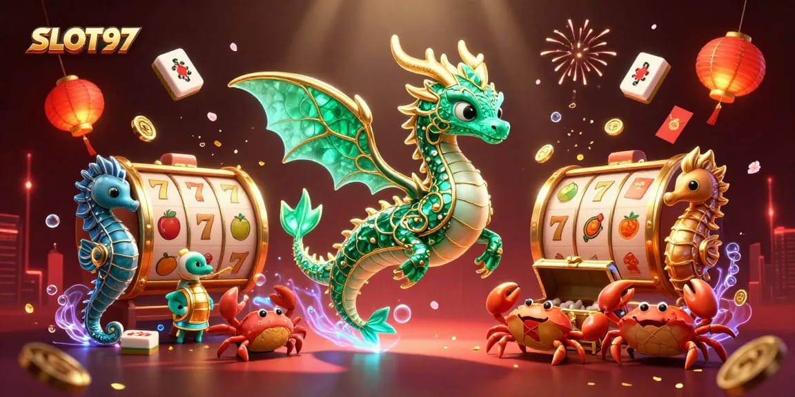 SLOT97 showcases vibrant 3D sea dragon with golden slot reels, embodying fun and excitement of online gambling.