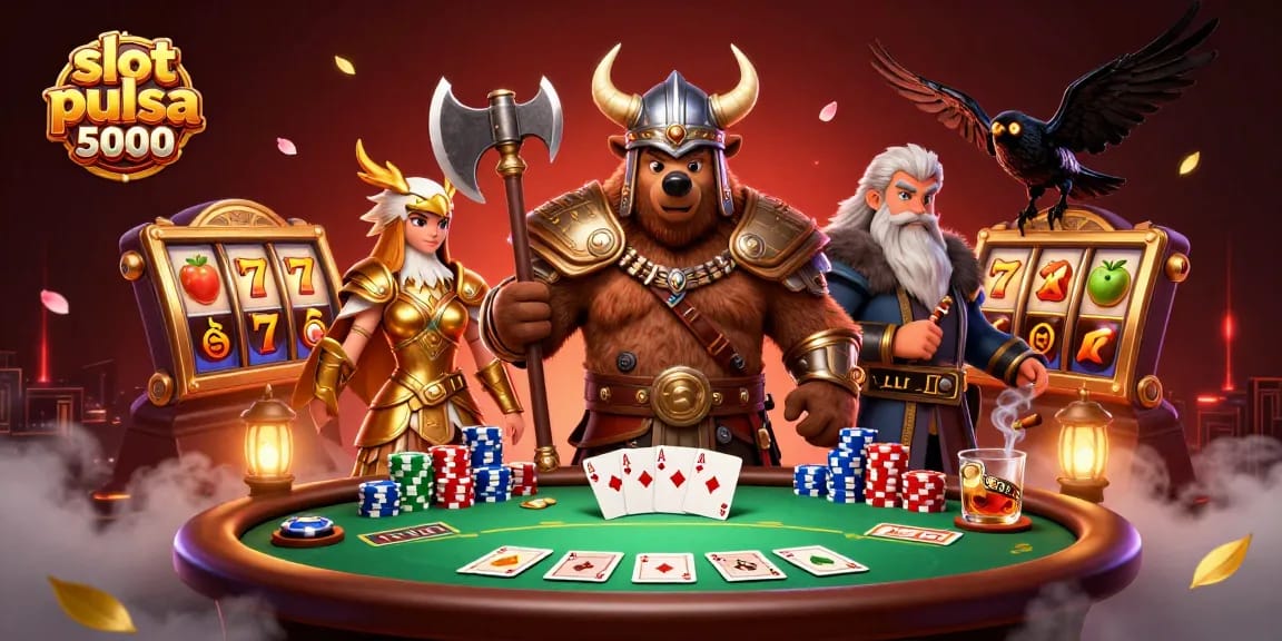 Jelajahi pengalaman bermain slot pulsa 5000 dengan karakter kartun Viking dan elemen kasino menarik.
