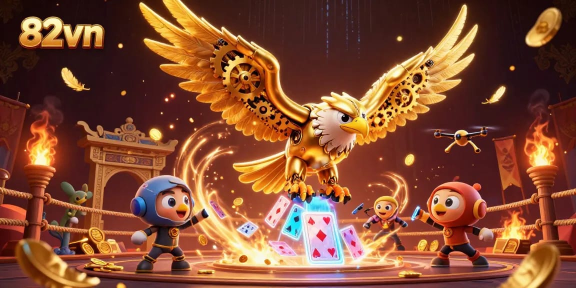 Engage in thrilling gameplay at 82vn with a dynamic scene of a golden eagle navigating through holographic cards.