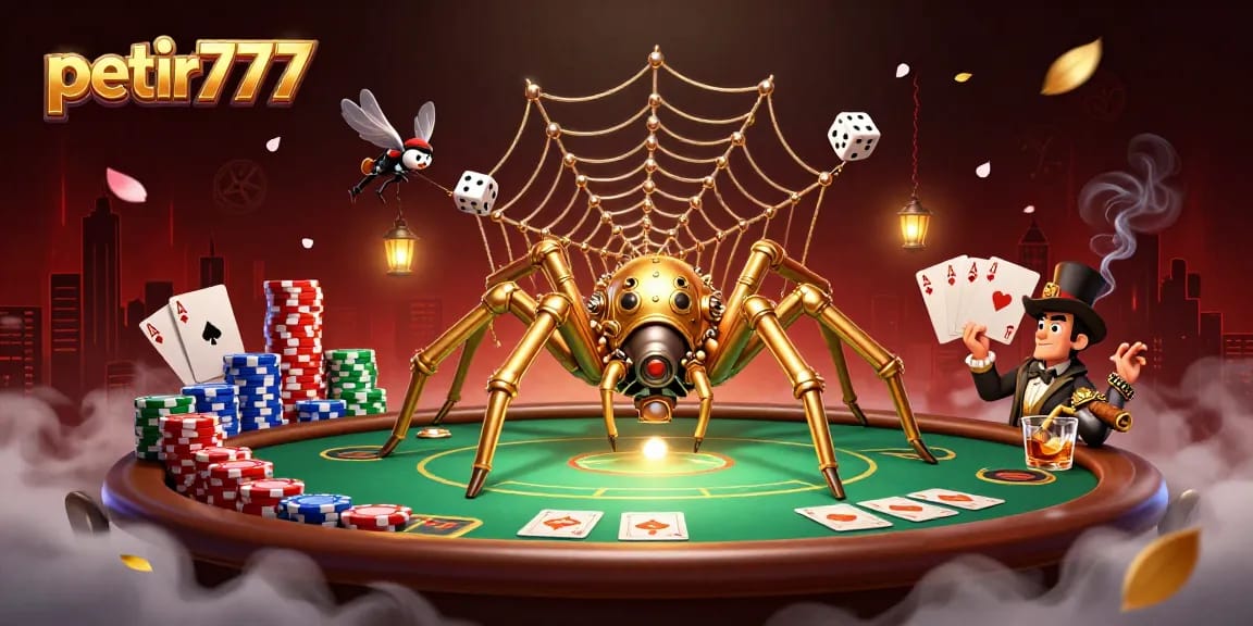 Catch winning spins with petir777 in this dynamic 3D casino scene featuring a steampunk spider.