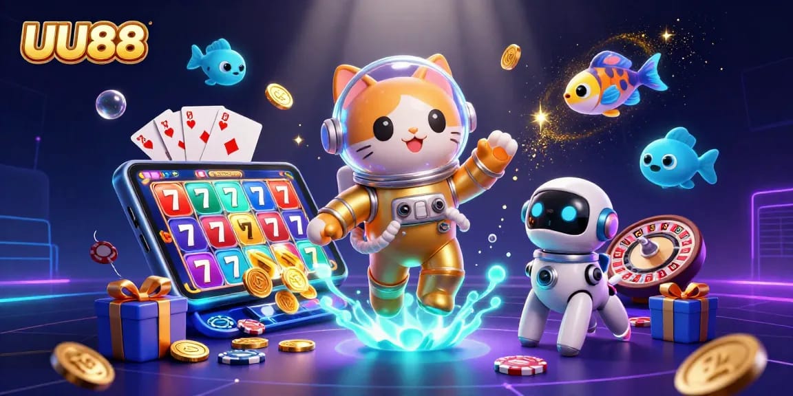 Spin the reels of UU88 with this vibrant cosmic casino-themed illustration featuring lucky elements.