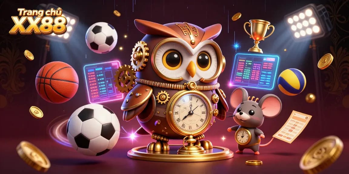 Play exciting games at Trang chủ XX88, featuring a lively casino atmosphere with animated characters and dynamic sports elements.