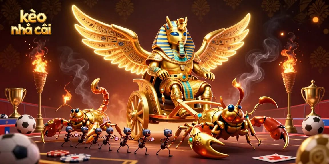 Engage with kèo nhà cái in a dynamic sports betting scene featuring a colossal golden scarab beetle and jewel-encrusted scorpions.