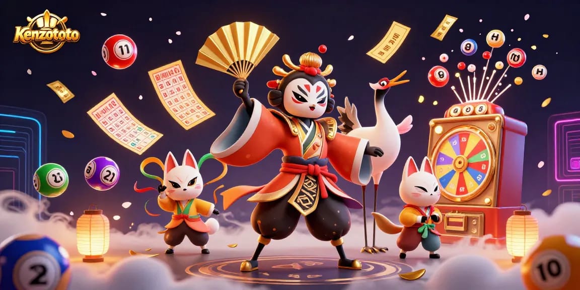 Engage with kenzototo as colorful lottery elements bounce around a dynamic kabuki scene.
