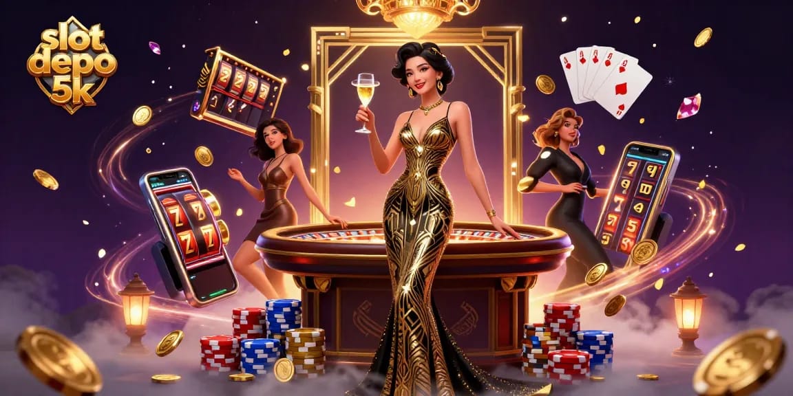 Experience excitement with slot depo 5k as cascading coins and spinning reels create a glamorous casino atmosphere.