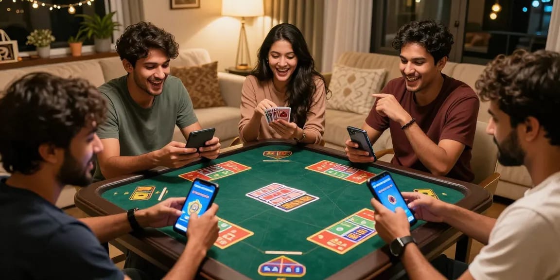 Players enjoying the Teen Patti gold game in a cozy living room setting, showcasing social interaction and excitement.