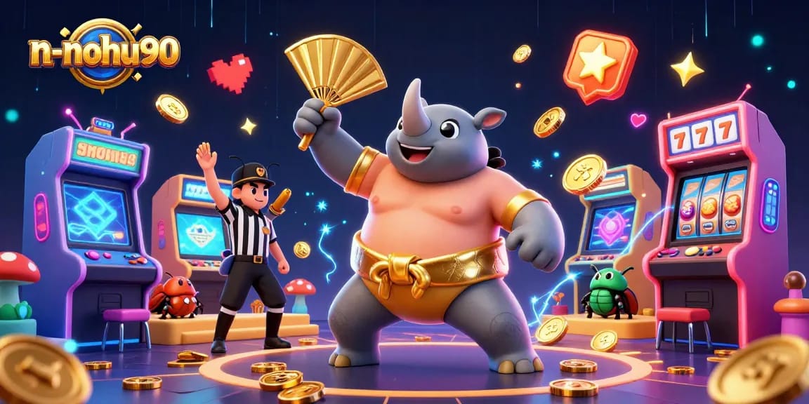 Win big at n-nohu90 with a thrilling 3D illustration showcasing a casino adventure featuring vibrant games and golden coins.