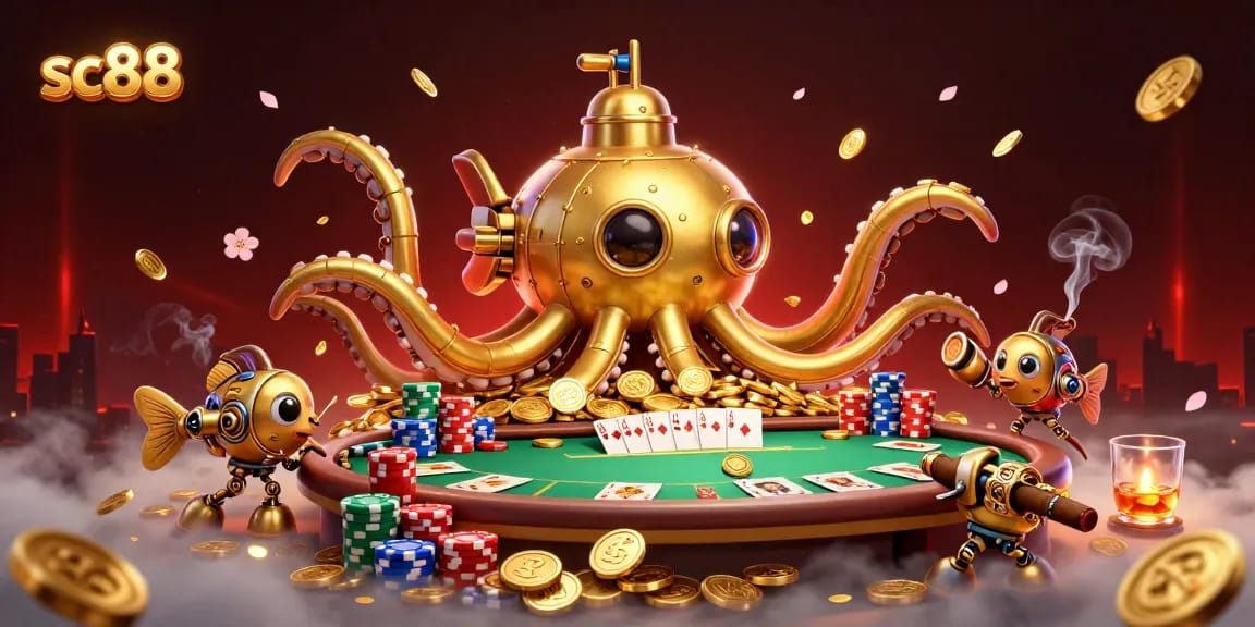 Engage with sc88's dynamic casino adventure featuring a golden kraken submarine amidst vibrant game elements.