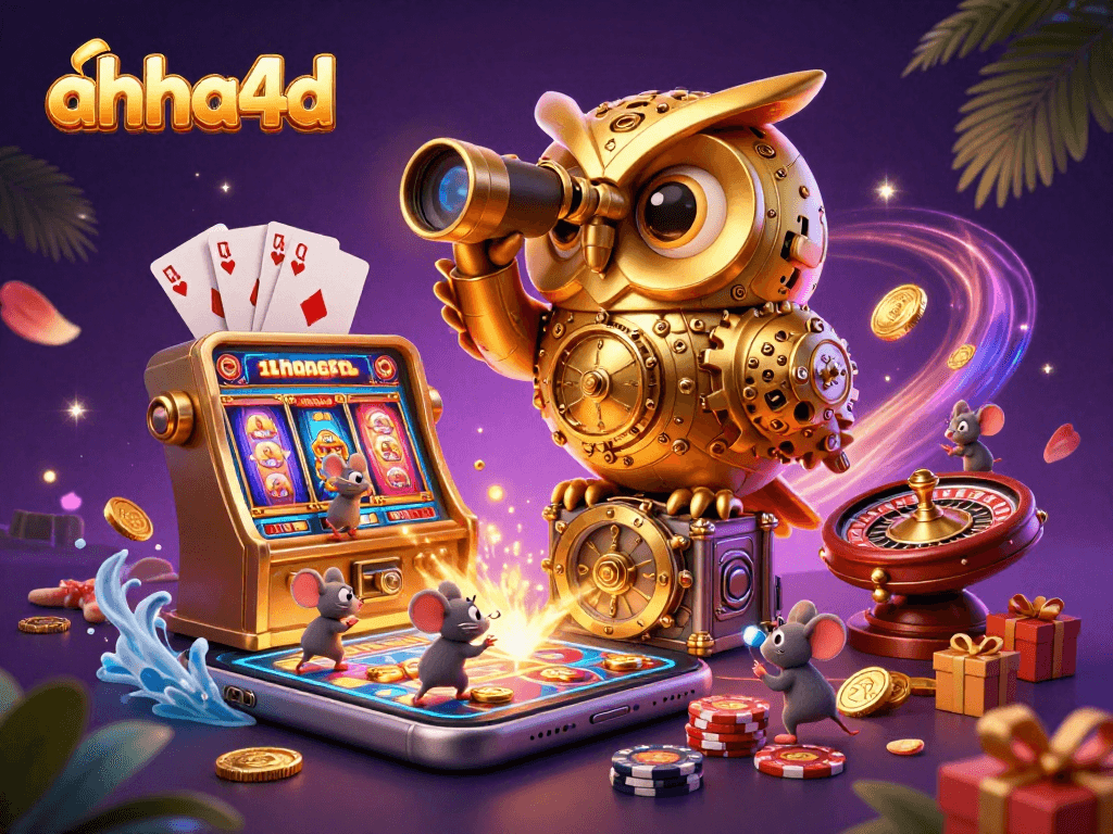 Mengganti jackpot dengan ahha4d di mesin slot dengan banyak koin berkilau dan karakter kartun yang menarik.