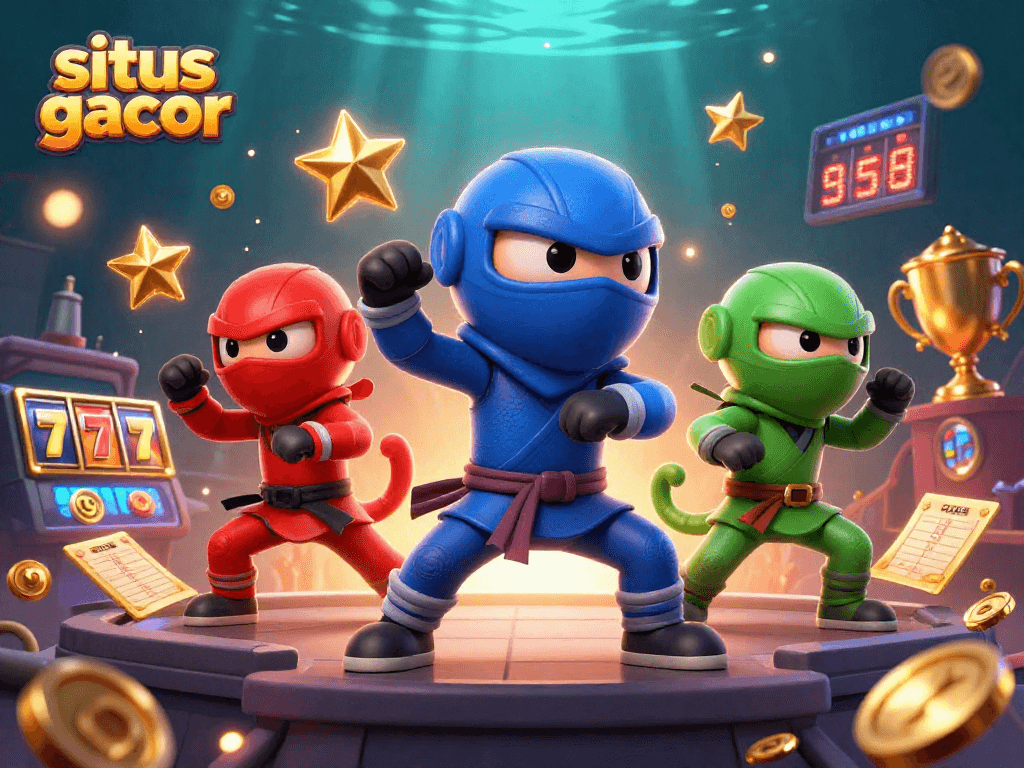Mengambil bagian di situs gacor, ninja chameleon beraksi dengan simbol slot, jackpot, dan elemen kasino yang memikat.