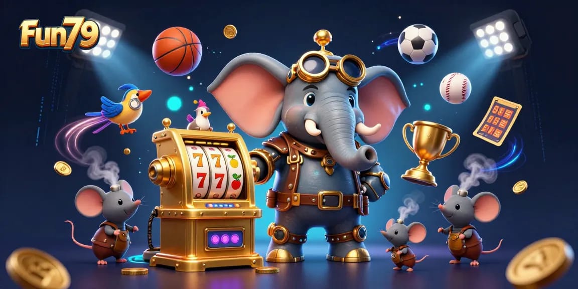 Play exciting games at Fun79, featuring colorful slot machines and dynamic sports elements in a vibrant casino atmosphere.