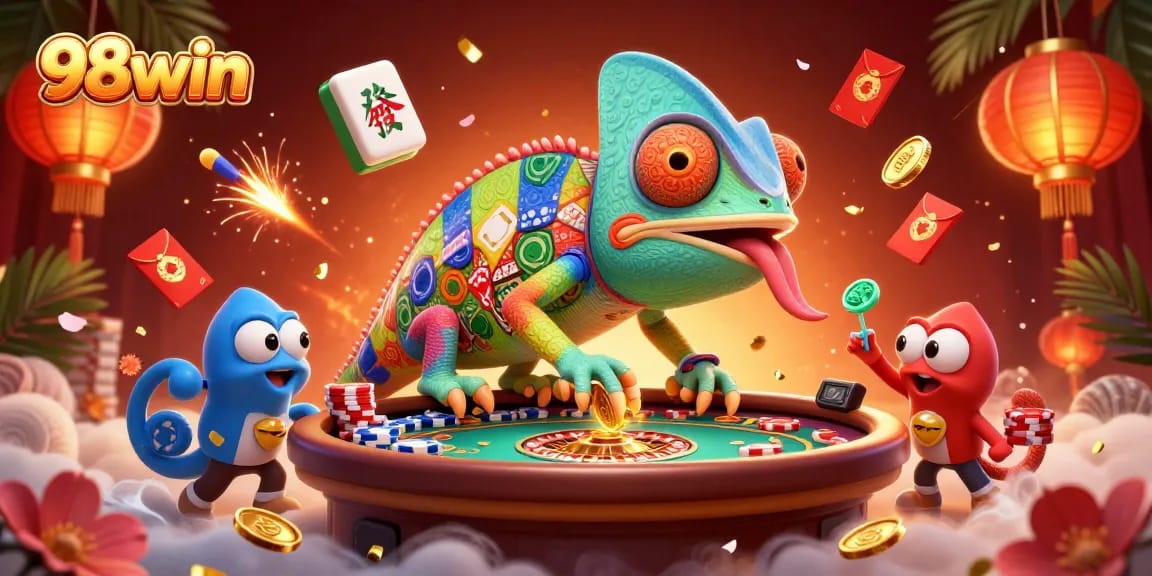 Experience the vibrant excitement of 98win with a whimsical chameleon casino owner in a dazzling scene.