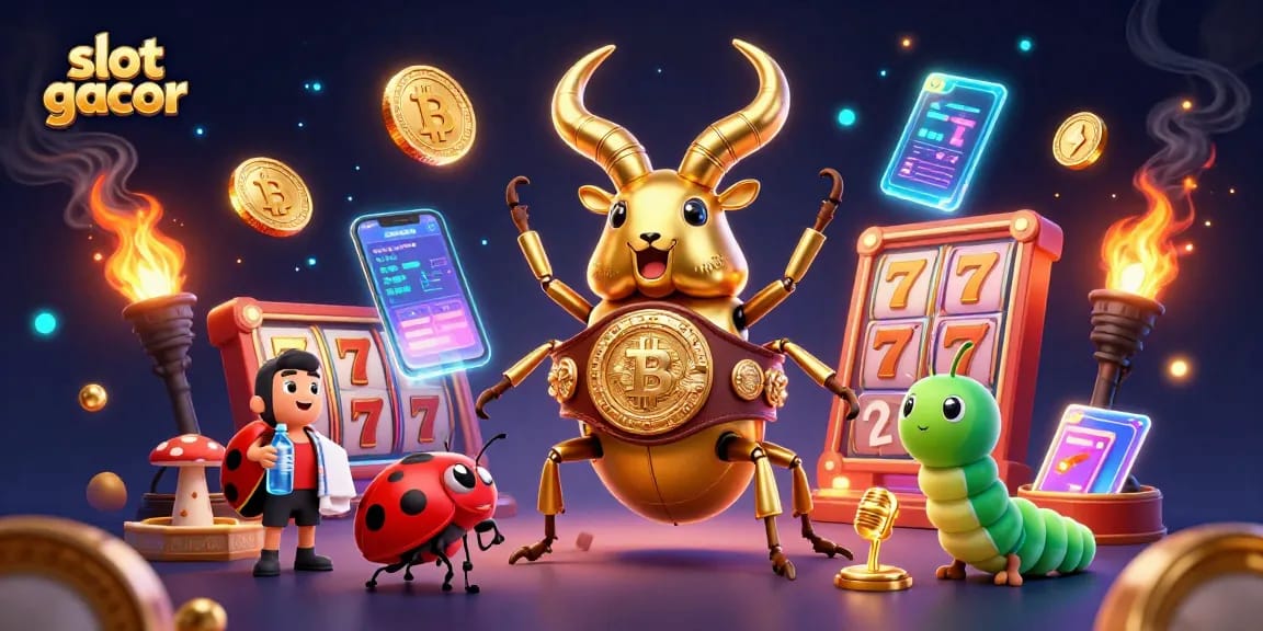 Engage in thrilling slot gacor gameplay as a golden stag beetle fights for jackpots amid glowing coins and vibrant effects.