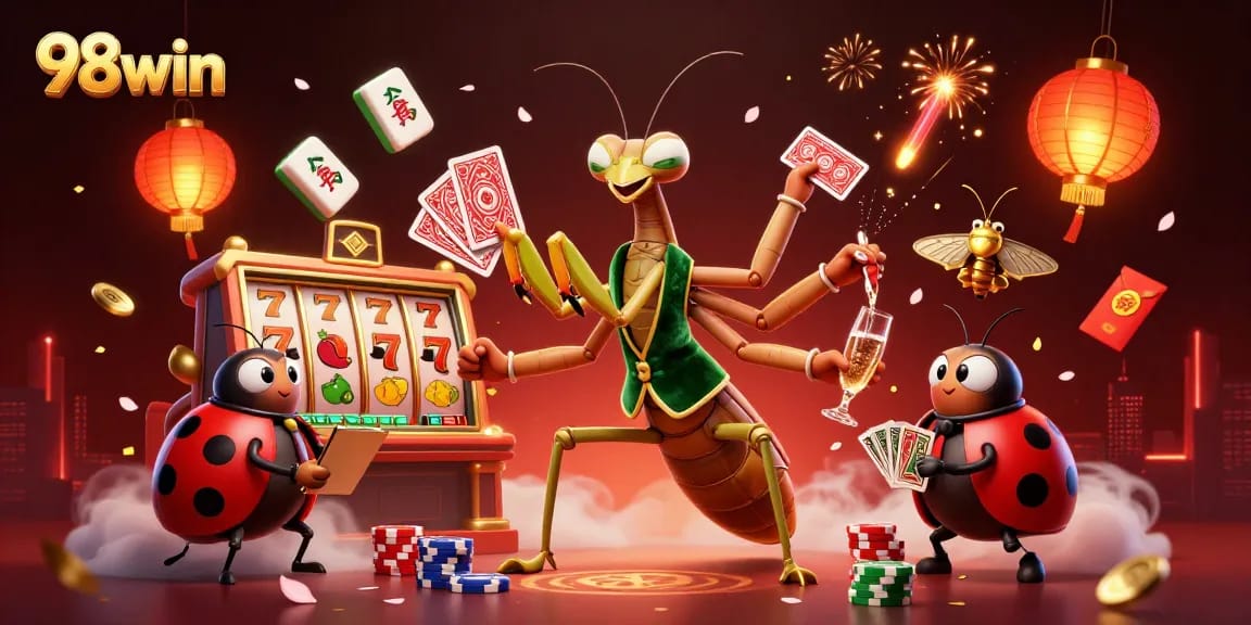 Engage with the exciting world of 98win as a giant praying mantis and ladybug showcase vibrant casino elements.