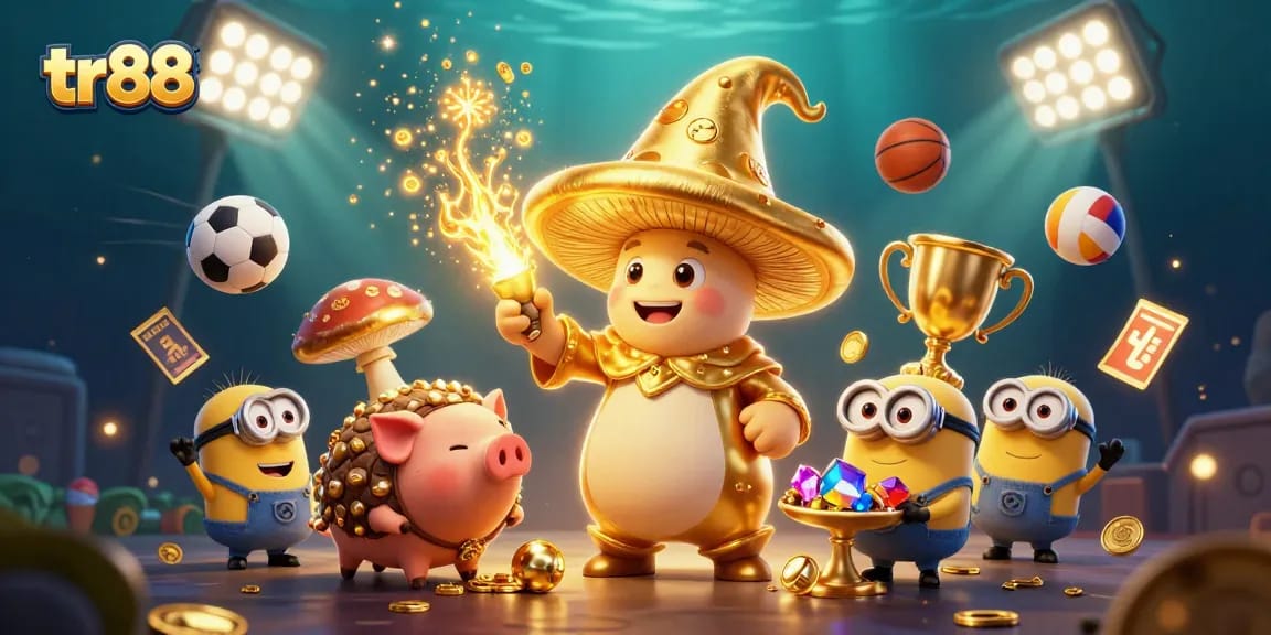 Experience excitement with tr88 casino games, featuring a golden wizard and treasure sniffer amidst vibrant gaming action.