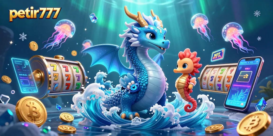 Experience the thrill of petir777 with slot reels and a vibrant ocean scene featuring a mystical dragon.