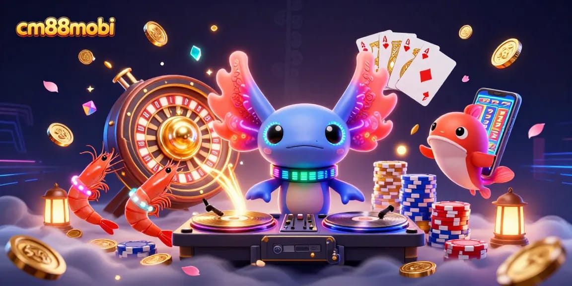cm88mobi offers exhilarating wins with vibrant casino elements in a colorful 3D illustration.