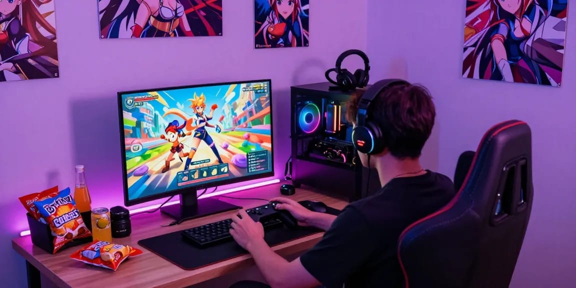 Immersive gaming scene with a player enjoying hentai games, colorful interface, and anime-themed decor.