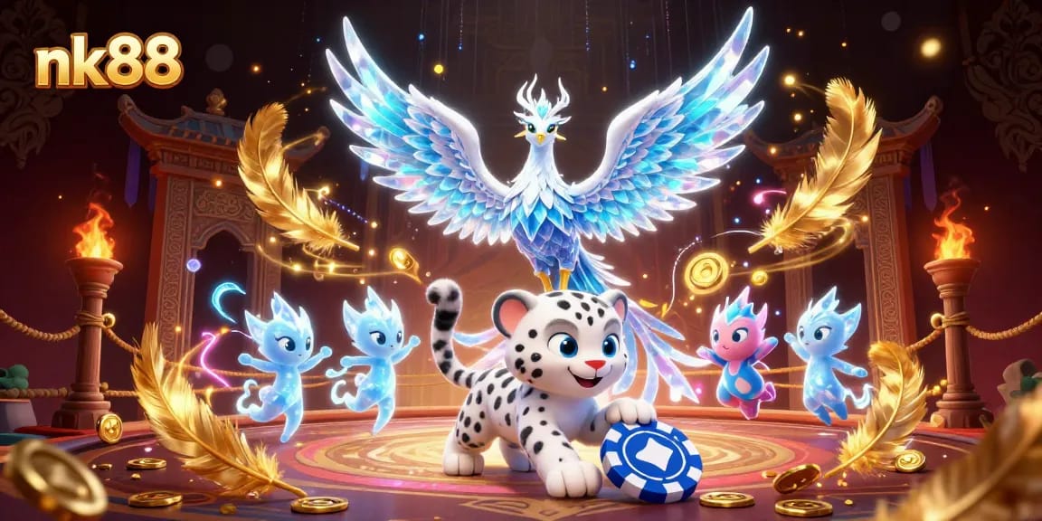 Engage with nk88's vibrant casino experience featuring a dazzling 3D illustration of an ice phoenix and glowing sprites.