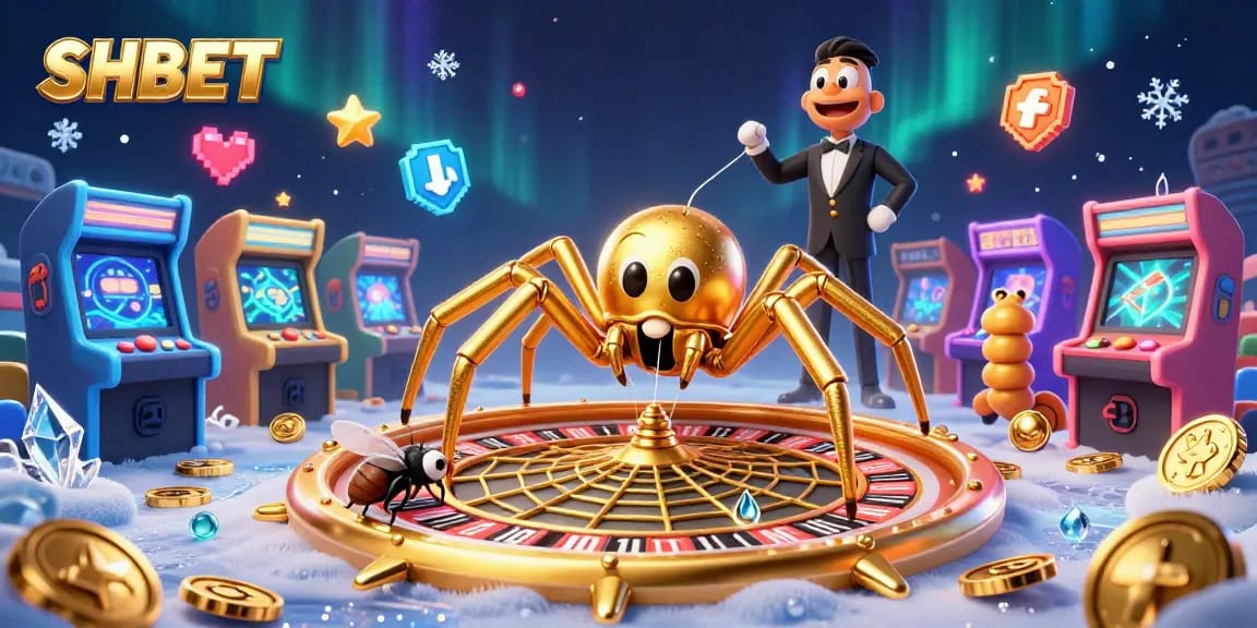 SHBET enhances gaming thrill as a golden spider spins a roulette web in an exciting casino scene.