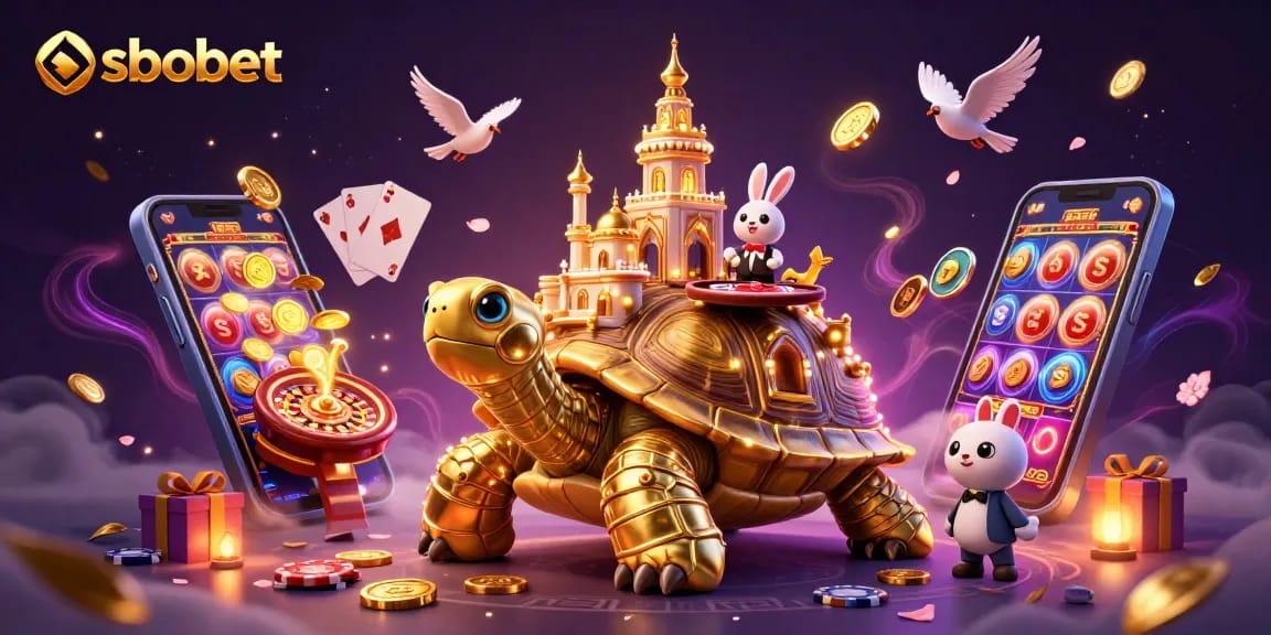 SBOBET offers a vibrant gambling experience illustrated with a golden tortoise casino and animated characters.