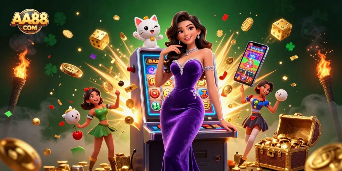 Play exciting slot games at AA88 COM with jackpots, coins, and vibrant casino elements.