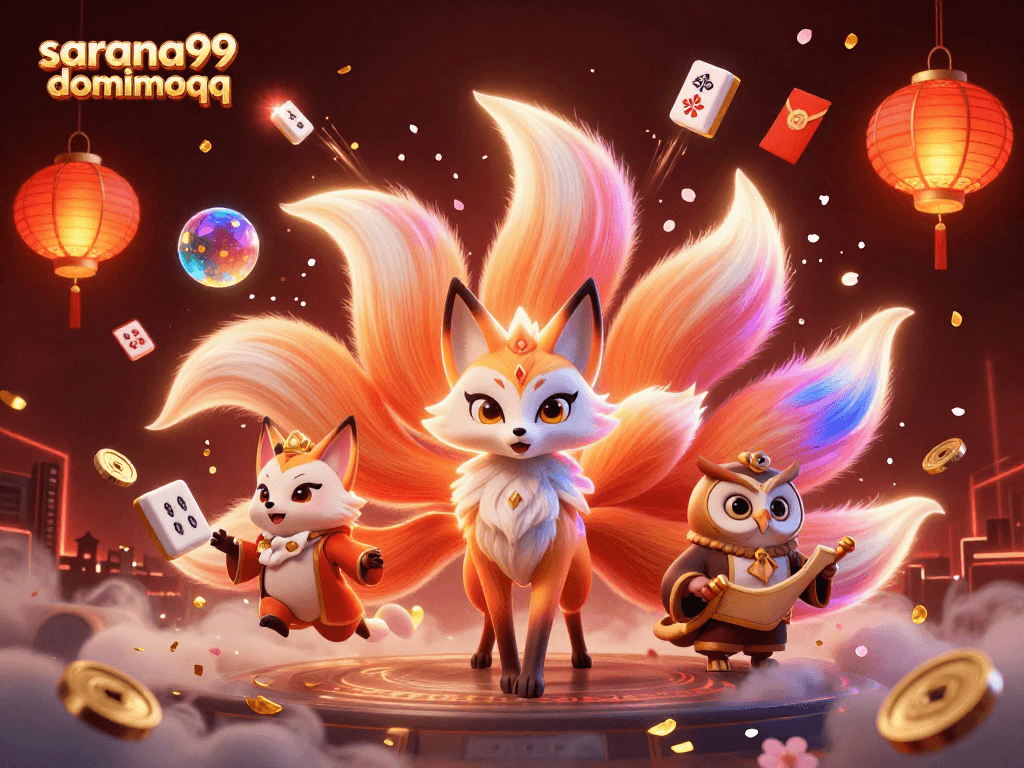 Sarana99 dominoqq in a vibrant 3D scene with glowing fox spirit, Mahjong tiles, and lucky elements.
