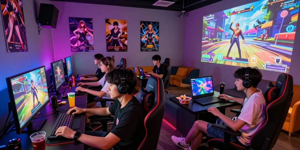 Friends engaged in a 3D ecchi game session in a vibrant gaming lounge