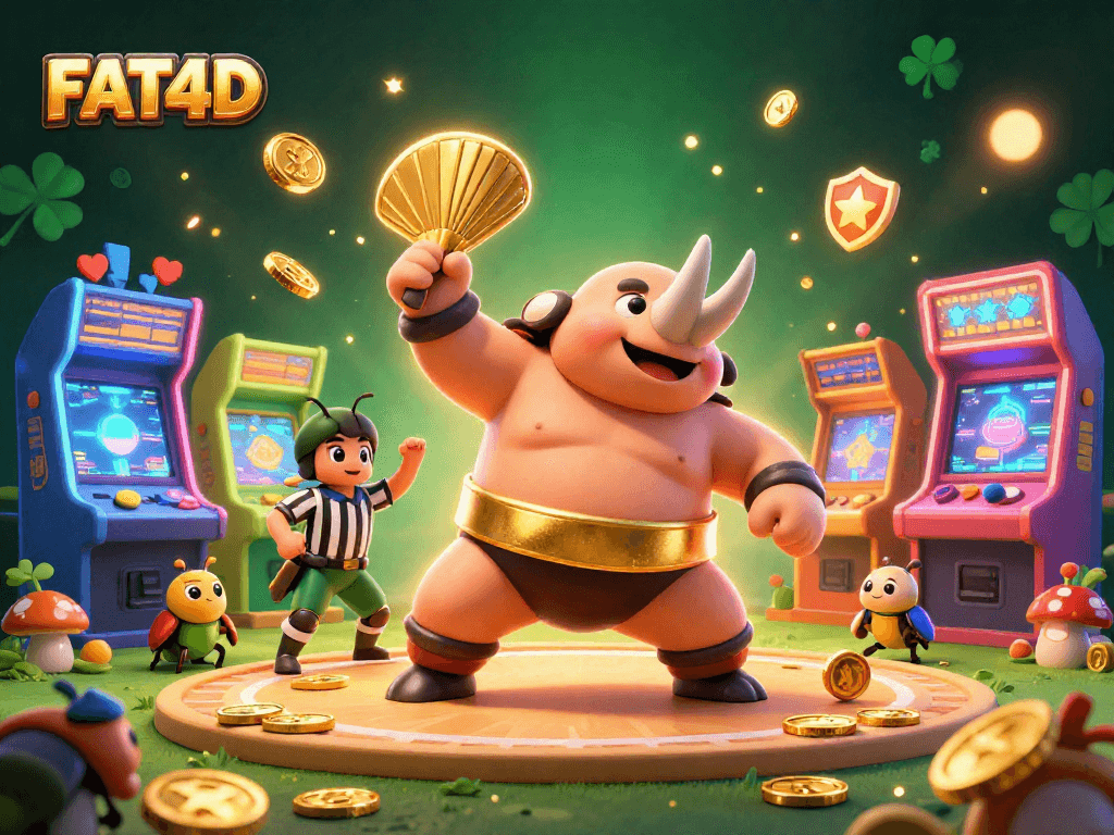 FAT4D showcases a thrilling 3D casino scene with a beetle champion and flying coins.