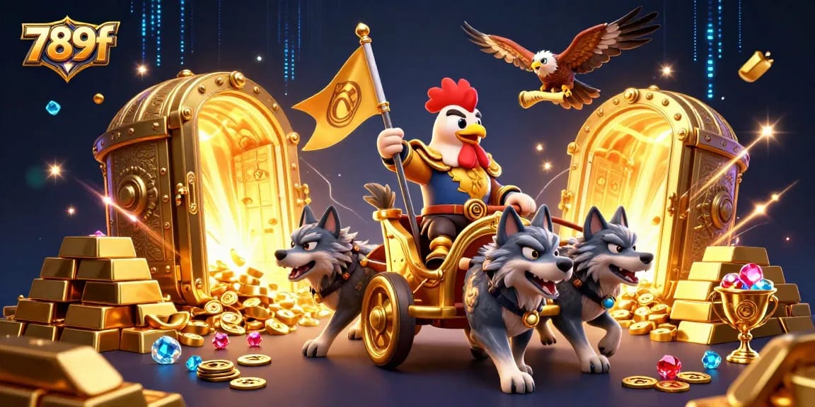 Engage in thrilling bets at 789f, showcasing a cartoon rooster warlord amidst gold treasures and gaming elements.