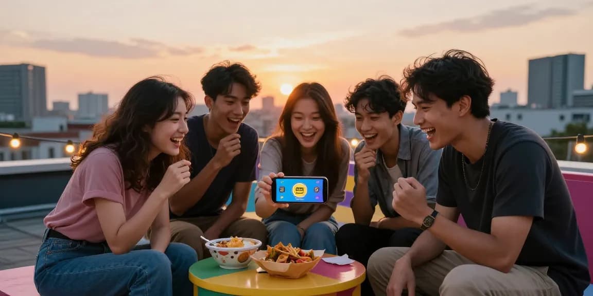 Excited friends engaging in 3Patti Loot APK download on a rooftop.
