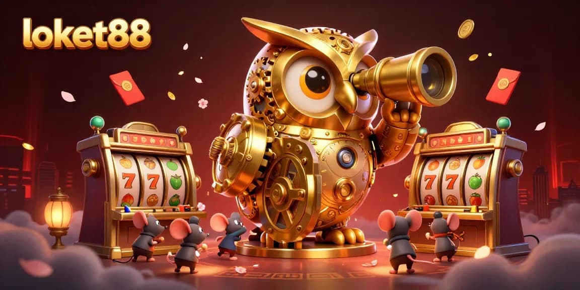 Experience the thrill of winning with loket88's vibrant casino scene featuring slot games and animated characters.