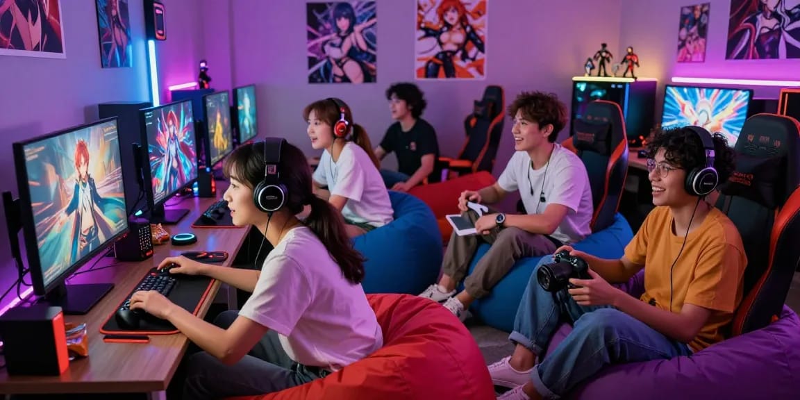 Young adults enjoying hentai games in a lively gaming environment with LED lights.