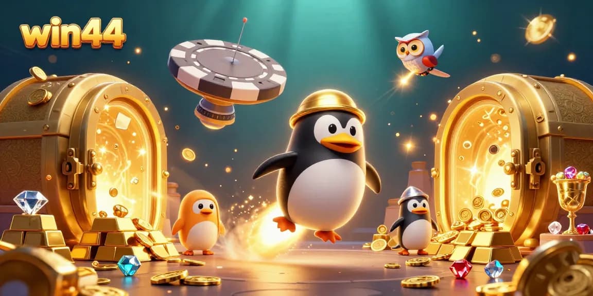 Join the adventure at win44, where a golden penguin navigates through casino-themed wonders bursting with treasures!