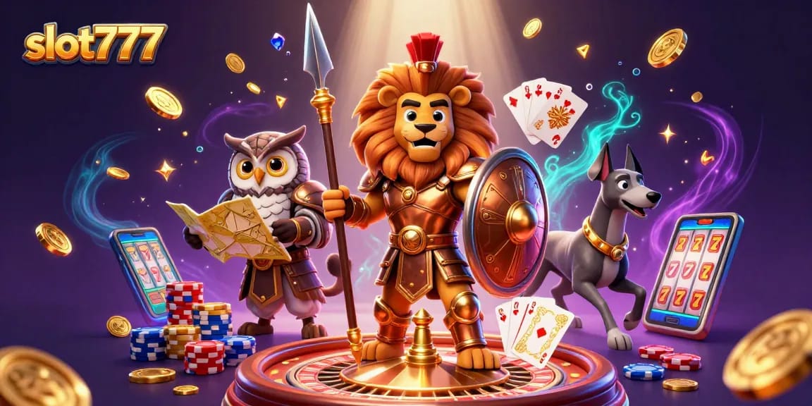 Engaging scene of slot777 action with a Spartan lion, owl strategist, and greyhound messenger surrounded by vibrant casino elements.