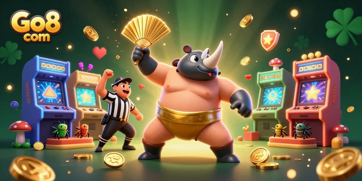Experience thrilling gaming action at Go8 com with a unique sumo beetle champion amidst golden coins.