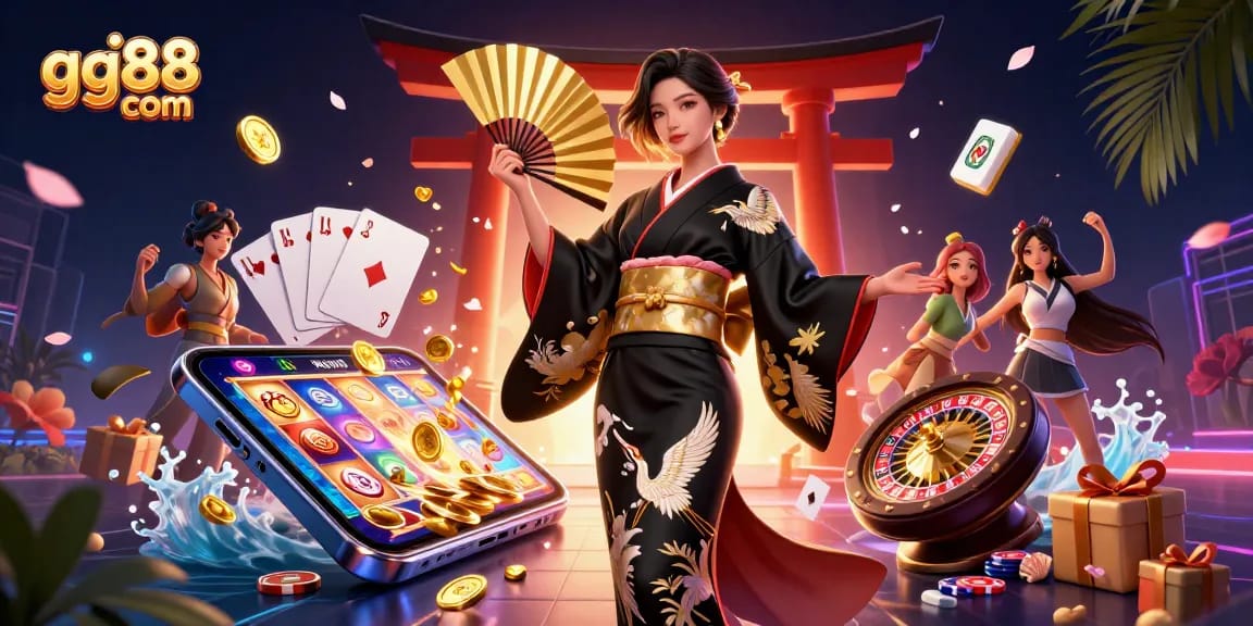 Spin winning slots at gg88 com with an elegant Asian woman amid falling sakura petals.