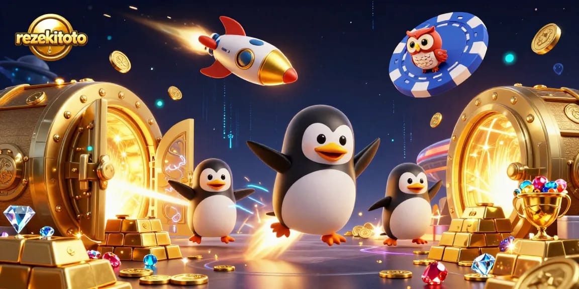 Engage with rezekitoto's vibrant casino adventure featuring golden penguin and treasure elements.