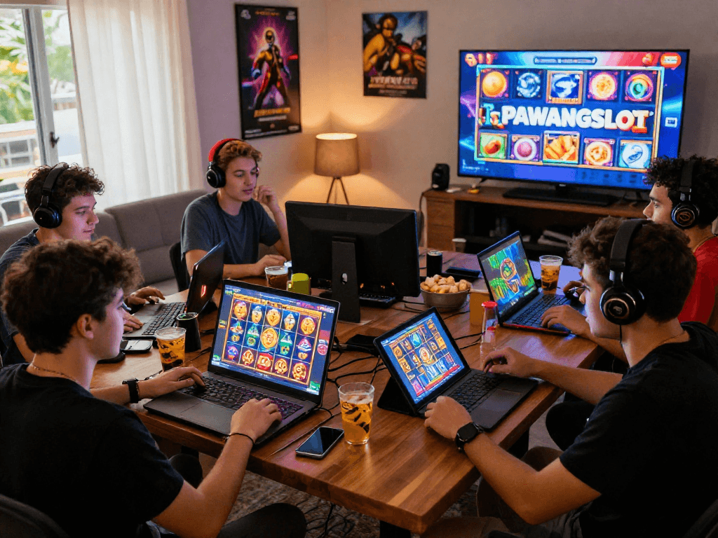 Pengalaman bermain slot online di PAWANGSLOT dengan pemain antusias di ruang tamu yang nyaman.