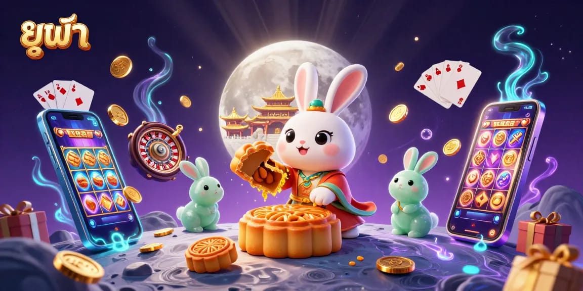 Experience exciting gameplay with ยูฟ้า as the moon rabbit reveals poker chips hidden in mooncakes amidst vibrant casino elements.