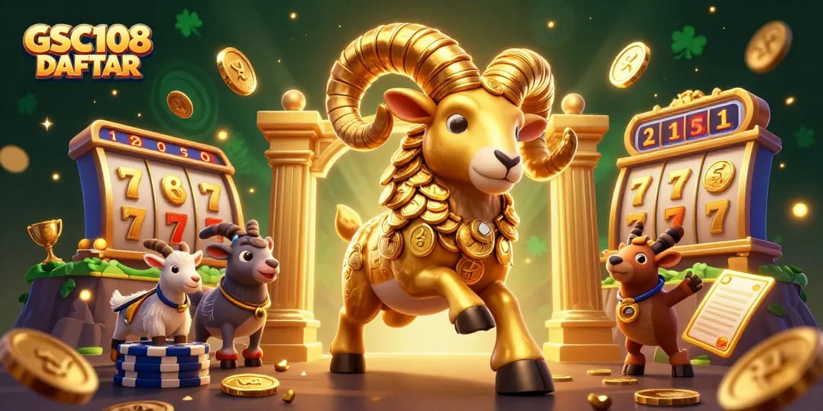 Experience thrilling gameplay with GSC108 DAFTAR as the golden ram charges through stacked coins and vibrant slots.
