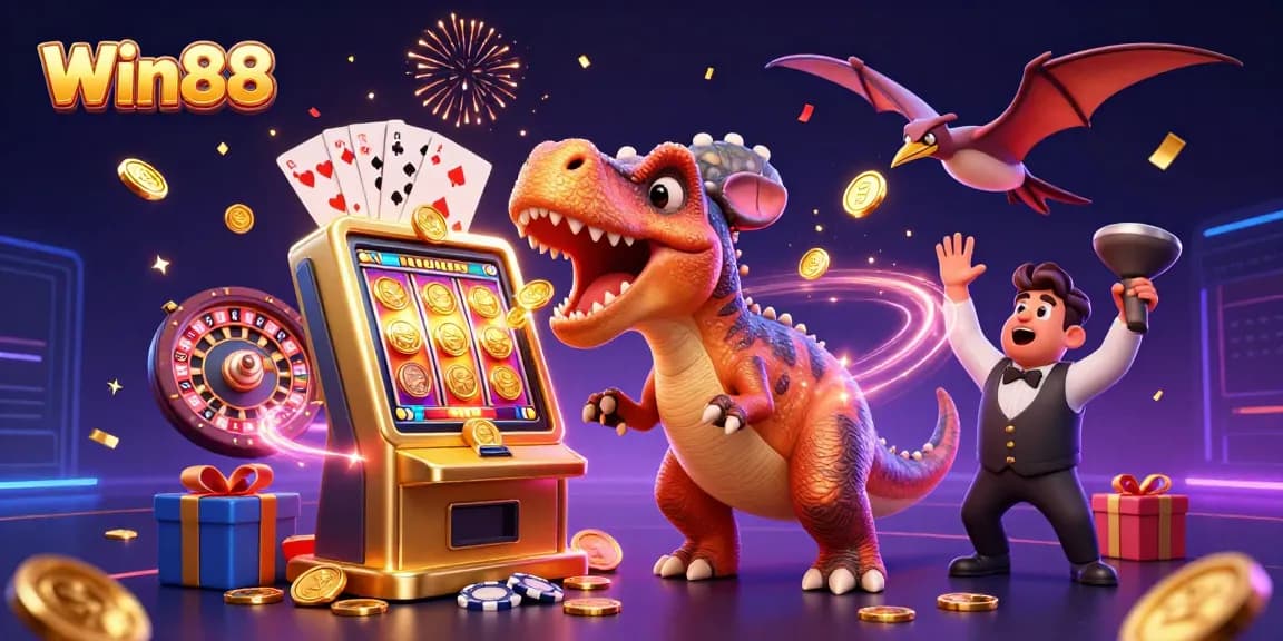 Win88 showcases a pachycephalosaurus hitting a golden slot machine amidst flying coins and casino elements.