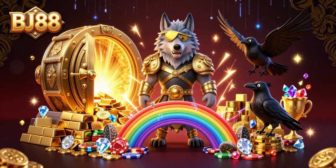 Engage with BJ88 Casino's vibrant gaming experience featuring Odin and ravens amidst treasures.