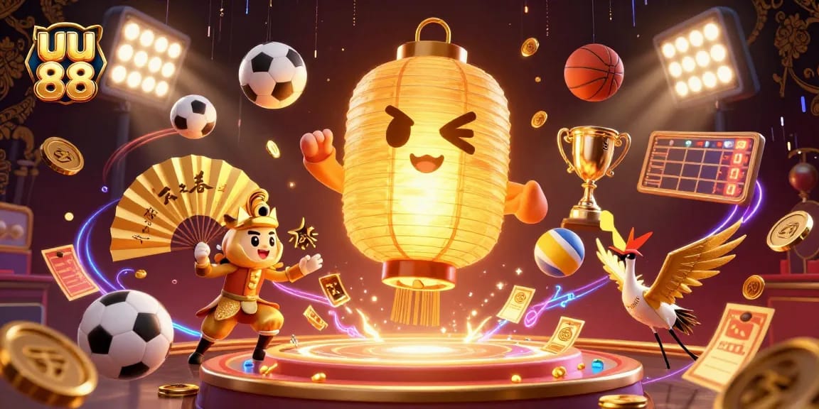 Engage with the fun and excitement of uu 88 in this vibrant casino scene featuring golden symbols and sports elements.